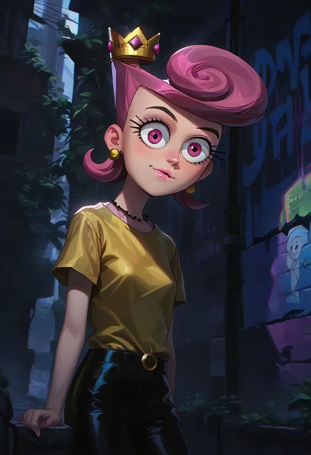 score_9, score_8_up, score_7_up, detailed,
1girl, wanda (/Fairly OddParents)/,(ultra HD quality details), pink hair, pink eyes, pink lipstick, earrings,
yellow shirt, black pants, crown, solo, intricate details, chromatic aberration, realistic, sharp eyes,
night, Low-key lighting, dark, against wall, brick wall, graffiti, dim lighting, alley, looking at viewer
