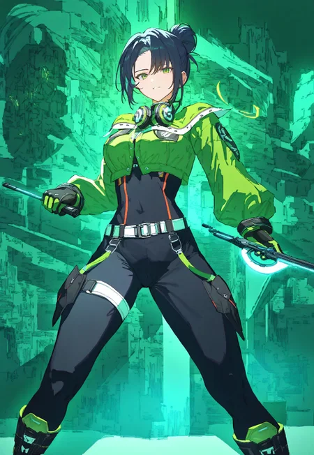 masterpiece, high score, great score, absurdres, V4NGU4RD, weapon, 1boy, male focus solo, holding, holding weapon, headphones around neck, hair bun, black bodysuit, gloves, vanguard twinfangs, black hair, cyberpunk, bolero, belt, Vanguard Breeches of Scouting, vanguard bolero, green theme, Neon, glowing , straps , model tactical boots, Hrothgar