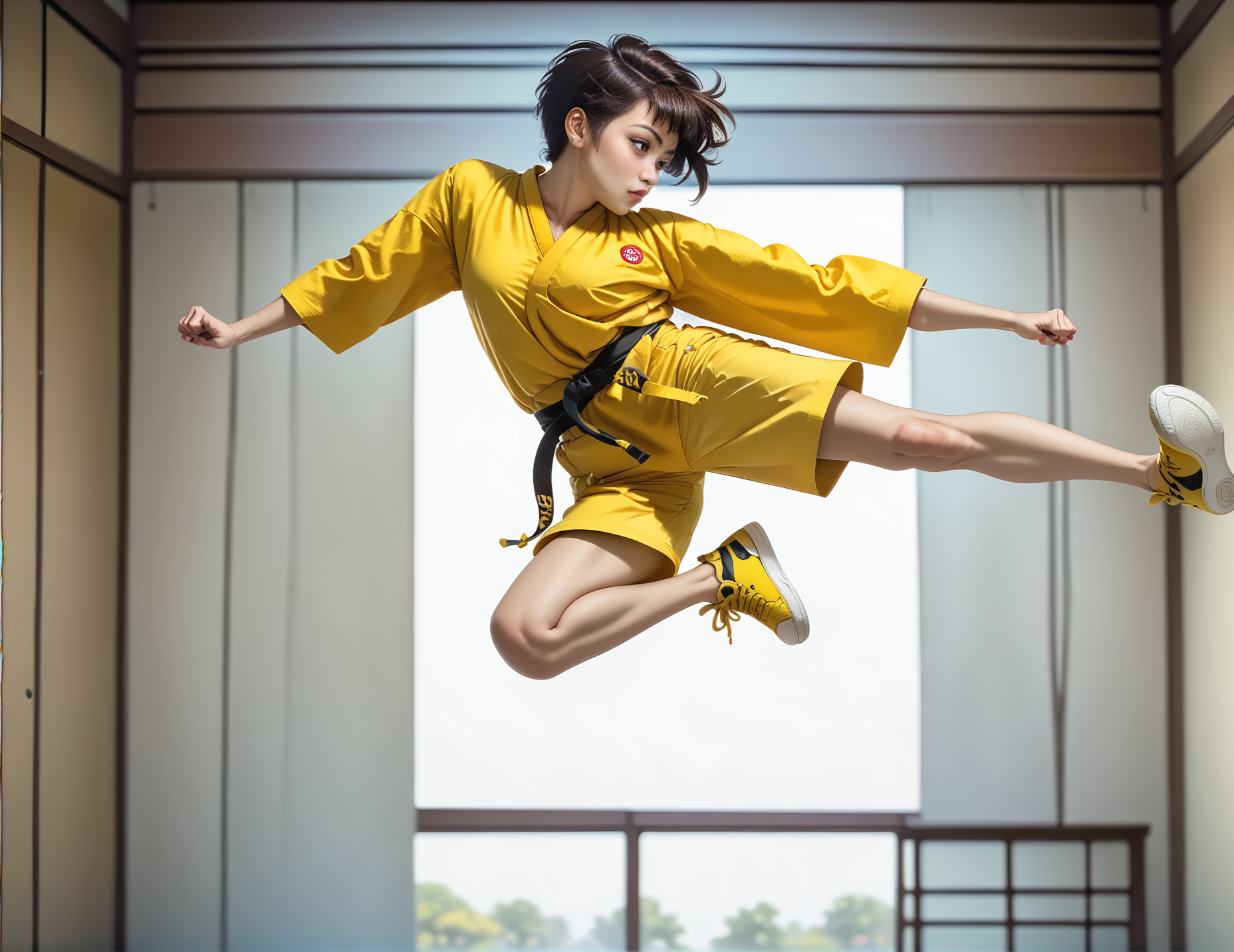 score_9, score_8_up, score_7_up, jusiki, side view, (slim 25yo female), doing a high jump sidekick, in dojo. sneakers, yellow shorts and  yellow shirt,short brunette straight hair <lora:JumpedSideKickPony-000007:1>