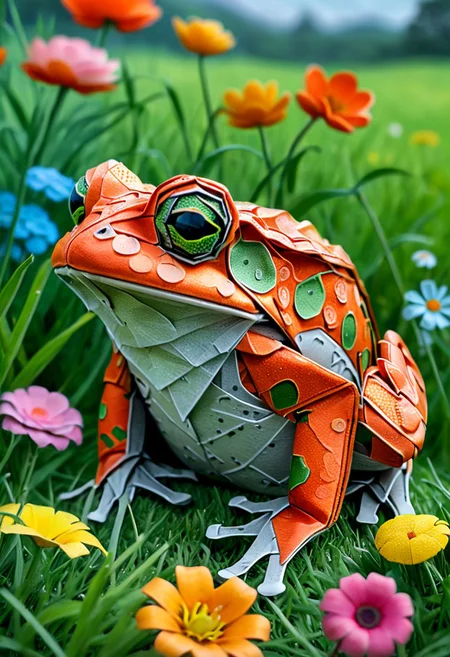 Full body illustration of ultra realistic very detailed cute orange red toad with big green very detailed dreamy cosmic eyes hiding in a very realistic very detailed colorful field of flowers in a realistic very detailed meadow, realistic very detailed grass, realistic very detailed trees, highest contrast, masterpiece, 32k, high contrast, vibrant colors, vivid colors, high resolution textures, crisp colors, ultra sharp, sharp focus, <lora:xl_more_art-full_v1:0.28>,
<lora:add-detail-xl:1>,
<lora:WildcardX-XL-Detail-Enhancer:0.7> ,
<lora:ral-vltne:0.8>