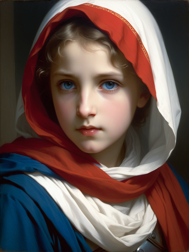 <lora:05ClassicalArt_Hap_XL:1>, William-Adolphe Bouguereau style, white hood ,red scarf,blue armor ,glowing eyes, shadows,