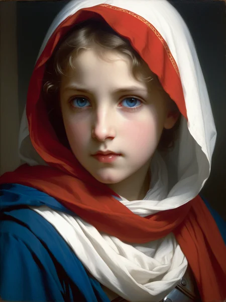 <lora:05ClassicalArt_Hap_XL:1>, William-Adolphe Bouguereau style, white hood ,red scarf,blue armor ,glowing eyes, shadows,