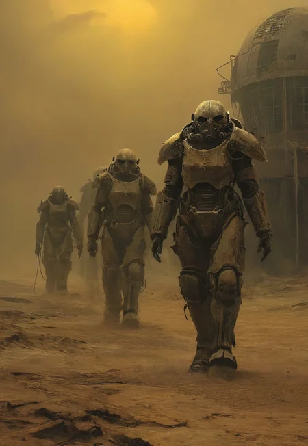 Four soldiers in power armor travelers in the post-apocalyptic desert,fallout universe,alienscape,glossy armor,intricate design,corrupted neverland,dramatic sky, dust,wind, bleak,glow,flickering, dark art, dim light, somber, dramatic, high quality, detailed,science fiction,distopia,horror theme,futuristic, technology,atompunk,dramatic,thrilling,decay,best quality,masterpiece,dynamic composition,color contrast,primary colors,no gradients,close-up
