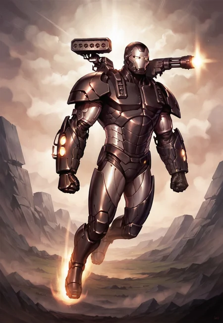 score_9, score_8_up, score_7_up, War machine, black armor, modern armor, modern suit, flying, side view, full body, full body view