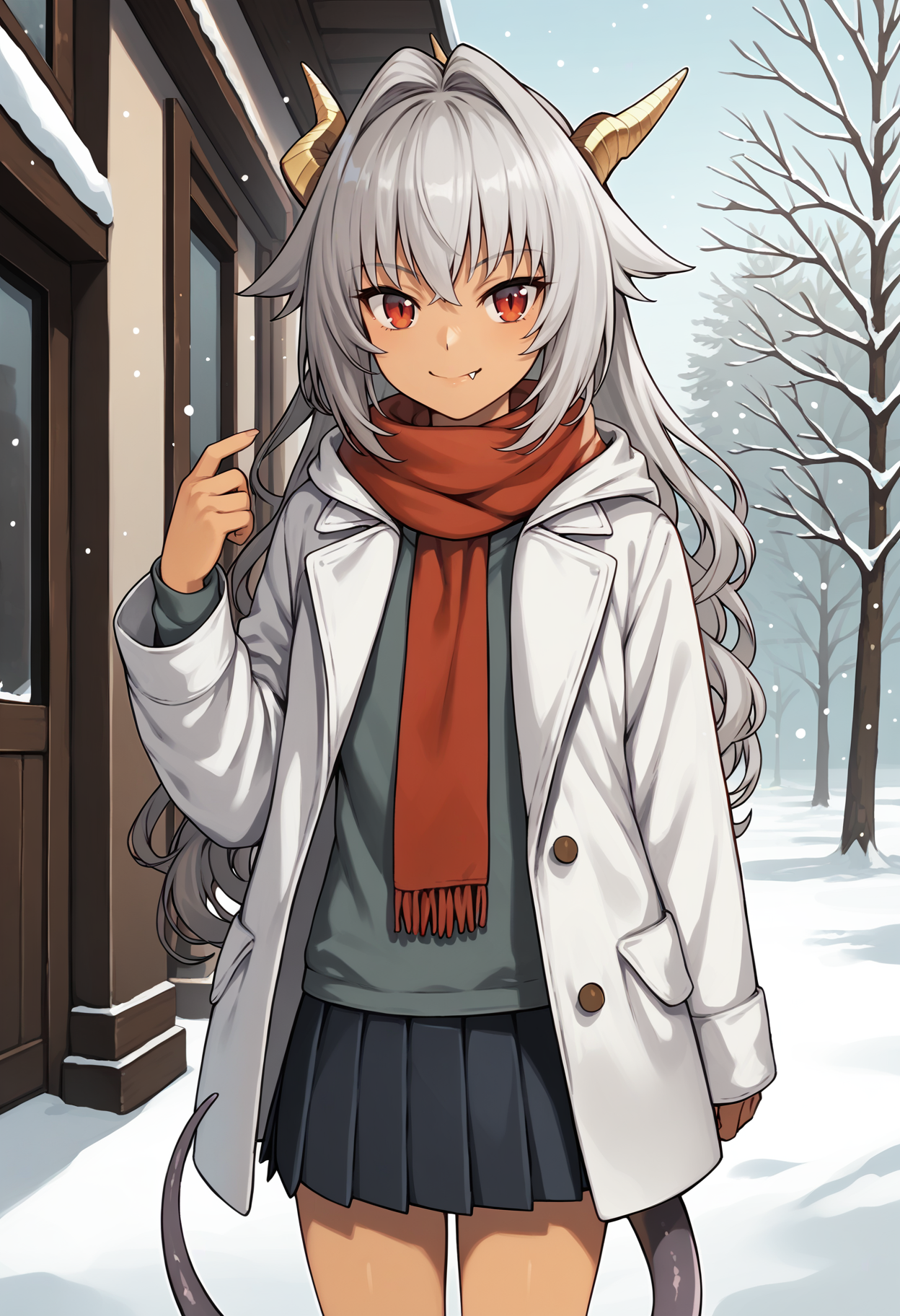 score_9, score_8_up, score_7_up, score_6_up, score_5_up, score_4_up, BREAK, dark-skinned female, fang, winter, outdoors, smile, closed mouth, 
<lora:ursulav1:1>, ursulaek, grey hair, red eyes, dragon horns, tail, long hair, hair intakes, 
white coat, scarf, pleated skirt,