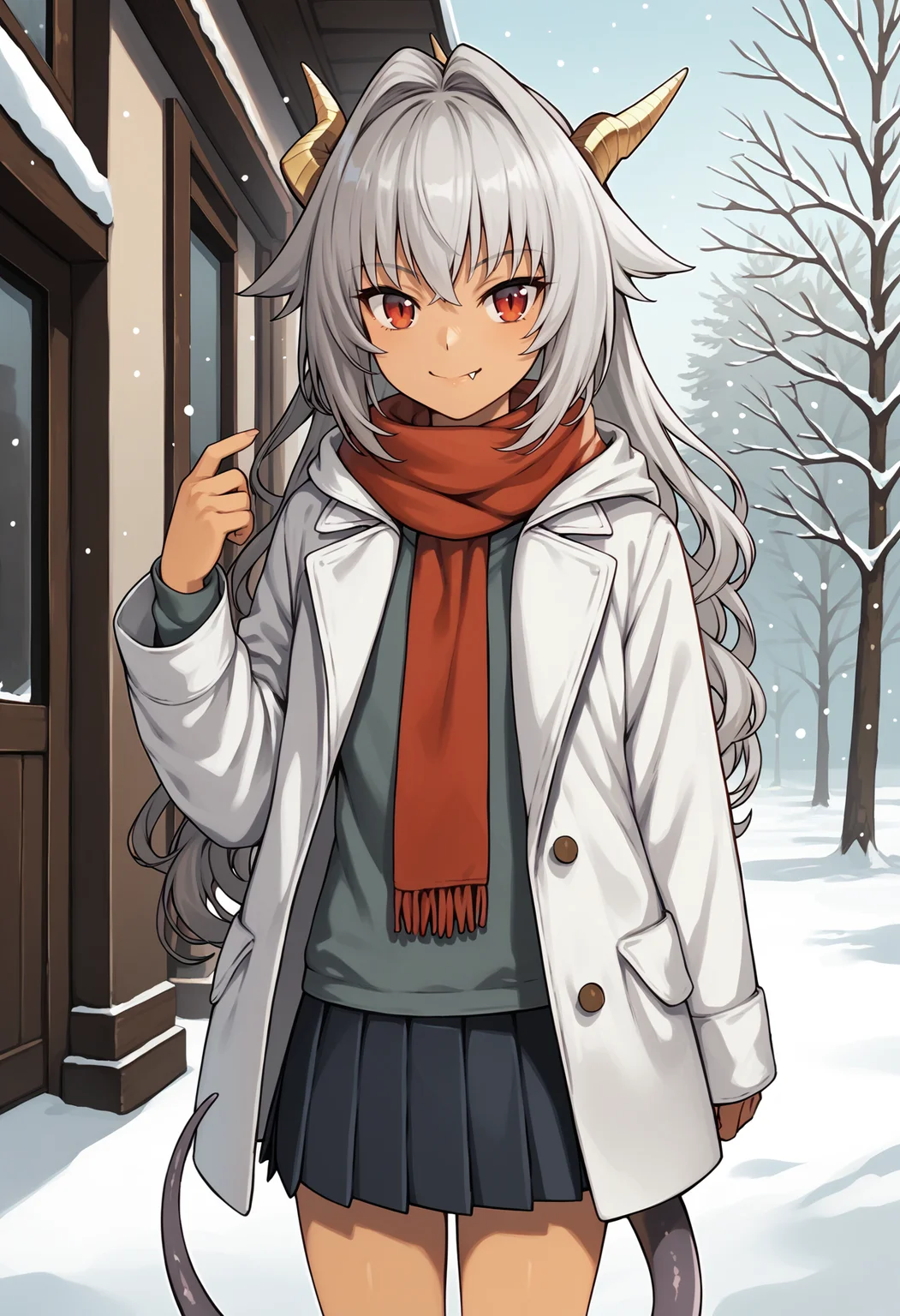 score_9, score_8_up, score_7_up, score_6_up, score_5_up, score_4_up, BREAK, dark-skinned female, fang, winter, outdoors, smile, closed mouth,
<lora:ursulav1:1>, ursulaek, grey hair, red eyes, dragon horns, tail, long hair, hair intakes,
white coat, scarf, pleated skirt,
