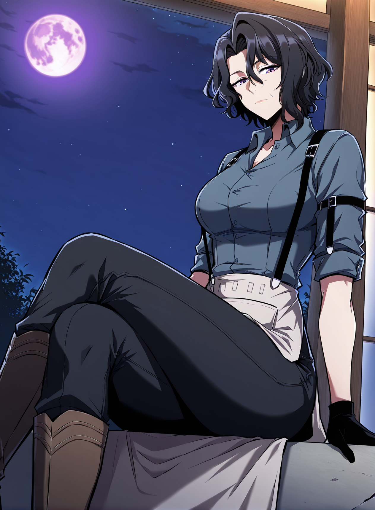 <lora:Madam_Astera__The_Beginning_After_the_End__Illustrious:1>
Madam_Astera
1 girl, solo, purple eyes, mature woman, black hair, short hair, loose waves, side part, strand over face,
blue button-up shirt, rolled-up sleeves, leather suspenders, grey apron, long gloves, black pants, long boots
(Anime_source),Masterpiece,(perfect female body:1.2), small waist,(incredibly detailed:1.4), slim, looking at viewer, sitting, crossed legs, night, purple moon
