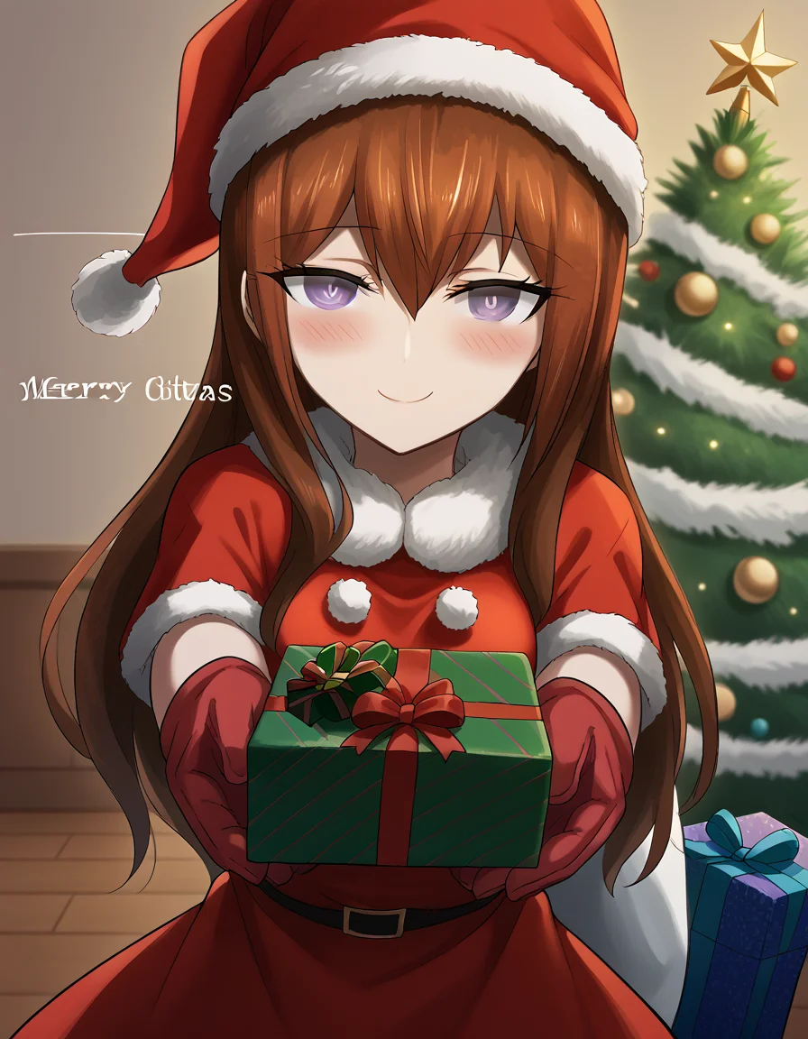 score_9, score_8_up, score_7_up, source_anime, <lora:kurisu-makise-ingame-ponyxl-lora-nochekaiser:1>, kurisu makise, hair between eyes, hair over shoulder, long hair, purple eyes, red hair, straight hair, mature female, small breasts,, <lora:santa-costume-ponyxl-lora-nochekaiser:1>, santa costume, santa hat, christmas, sack, merry christmas, gift, fur-trimmed headwear, holding sack, santa dress, fur-trimmed dress, christmas tree, christmas tree, fur trim, red capelet, gift box, red gloves, fur-trimmed capelet, santa gloves, red hat, hat,, smile, blush, looking at viewer, <lora:incoming-gift-ponyxl-lora-nochekaiser:1>, incoming gift, outstretched arms, holding, holding gift, gift, gift box,, , dutch angle, cowboy shot