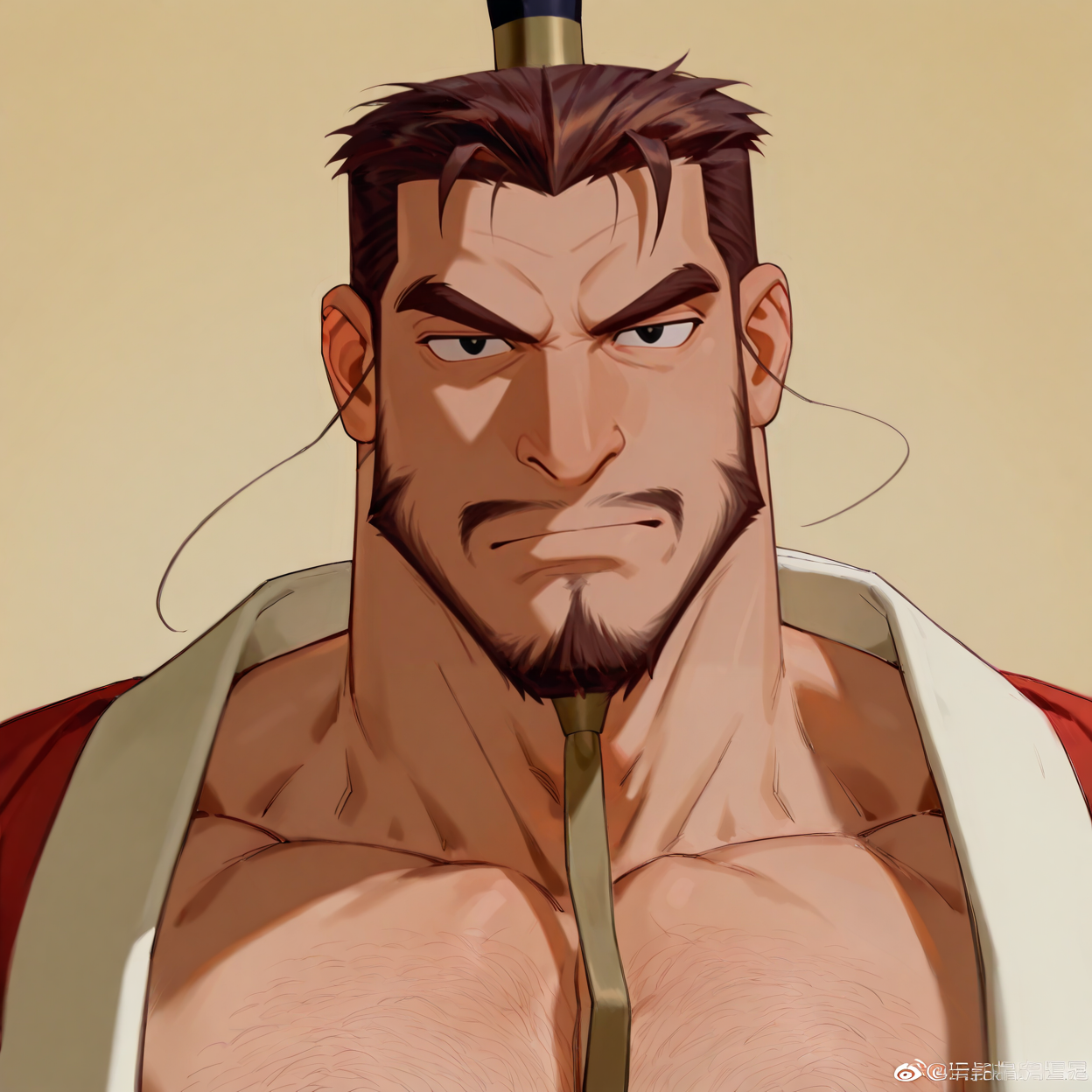 <lora:King_Zhou_The_Legend_Of_Nezha:.8>, King Zhou, thick eyebrows, short hair, brown hair, black eyes, mustache, soul patch, mustache, goatee,, headgear, Red Chinese robe, open clothing,
upper body, looking at the viewer,
(very short hair, beard, bara, mature, facial hair, stubble, beard, full beard, sideburn, beard, a lot of beard, ), facial hair,male focus, muscular male, muscular male, bara, mature,  bara, mature, aixiwuganda_(20222192), very awa, masterpiece, best quality, absurdres, newest, perfect quality, detailed background, intricate details,
<lora:slider_Body Type_alpha1.0_rank4_noxattn_last:3><lora:Anime Summer Days 2 Style SDXL_LoRA_Pony Diffusion V6 XL:.6><lora:slider_cfg_scale_boost:.7><lora:Artist6p:.55>, Artist6p, Artist04p,<lora:slider_il_brightness_slider_d1:-1><lora:slider_il_contrast_slider_d1:-1><lora:slider_DarkSlider1.2_alpha1.0_rank16_full_300steps:-.6>