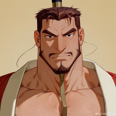 <lora:King_Zhou_The_Legend_Of_Nezha:.8>, King Zhou, thick eyebrows, short hair, brown hair, black eyes, mustache, soul patch, mustache, goatee,, headgear, Red Chinese robe, open clothing,
upper body, looking at the viewer,
(very short hair, beard, bara, mature, facial hair, stubble, beard, full beard, sideburn, beard, a lot of beard, ), facial hair,male focus, muscular male, muscular male, bara, mature,  bara, mature, aixiwuganda_(20222192), very awa, masterpiece, best quality, absurdres, newest, perfect quality, detailed background, intricate details,
<lora:slider_Body Type_alpha1.0_rank4_noxattn_last:3><lora:Anime Summer Days 2 Style SDXL_LoRA_Pony Diffusion V6 XL:.6><lora:slider_cfg_scale_boost:.7><lora:Artist6p:.55>, Artist6p, Artist04p,<lora:slider_il_brightness_slider_d1:-1><lora:slider_il_contrast_slider_d1:-1><lora:slider_DarkSlider1.2_alpha1.0_rank16_full_300steps:-.6>