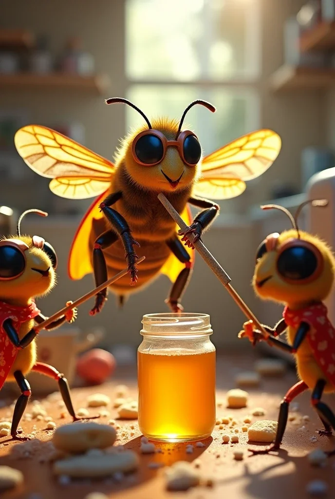 A dramatic, ironic scene featuring a heroic bee as the protagonist. The bee, wearing a tiny superhero cape and goggles, is flying through a bustling human kitchen. It is holding a miniature sword, determined to defend a jar of honey from a group of cartoonish, overconfident ants wearing bandanas and wielding toothpicks as spears. The kitchen is chaotic, with spilled sugar, overturned cereal boxes, and a toaster smoking in the background. The bee's expression is fierce and determined, while the ants look comically surprised by the bee's bravery. The lighting is bright and whimsical, with a touch of surrealism, giving the scene a playful, Pixar-like vibe. The overall tone is humorous, ironic, and full of personality
