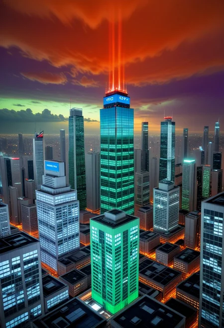 dark orange clouds illuminated by the city, purple sky, square and rectangular skyscrapers with white frequent square windows, shades of skyscraper windows light green, blue, dark blue, dark turquoise. The roofs of skyscrapers from dark squares to squares are illuminated with a dim blue square border, some skyscrapers are topped with red lights in the corners, and a red diode is installed above one skyscraper to warn airplanes.