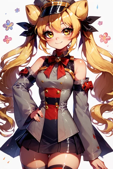 score_9, score_8_up, score_8, medium breasts, (curvy), cute, eyelashes, BREAK, , zzGiratanya, yellow eyes, long hair, blonde hair, twintails, cone hair bun, double bun, hair bun, black military hat, grey military uniform, black skirt, thighhighs, long sleeves, ribbon, bare shoulders, hair ribbon, detached sleeves, <lora:Giratanya_CitronOC_PDXL_v2:0.8>,, BREAK, smile, closed mouth, looking at viewer, cowboy shot, ,,, embedding:zPDXL, Expressiveh, ,,, <lora:Puppypaww_Style_PDXL_v2:0.8>, <lora:SDXLFaeTastic2400:0.5>, <lora:Expressive_H-000001:0.4>,