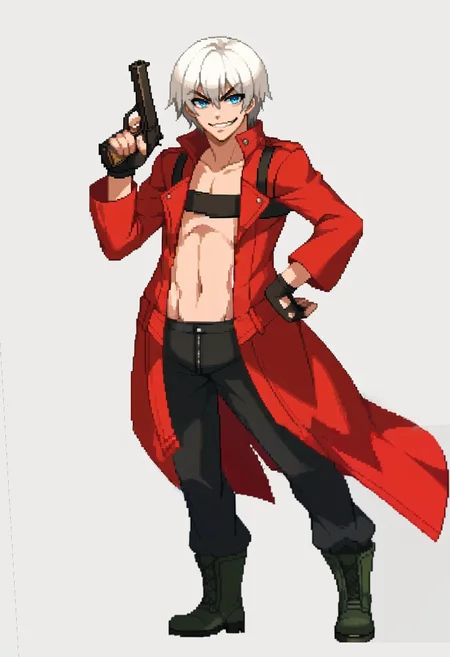 score_9, score_8_up, score_7_up, source_anime, BREAK, solo, 1boy, <lora:Dengeki_Bunko-pdxl_Fp:1>, simple background, full body, standing, <lora:dmc3_dante_ponyXL:1>, dmc3dante, red coat, bandeau, fingerless gloves, black pants, boots, standing, white hair, blue eyes, pixel art, looking at viewer, smug, male focus, holding gun, handgun, hand on own hip,