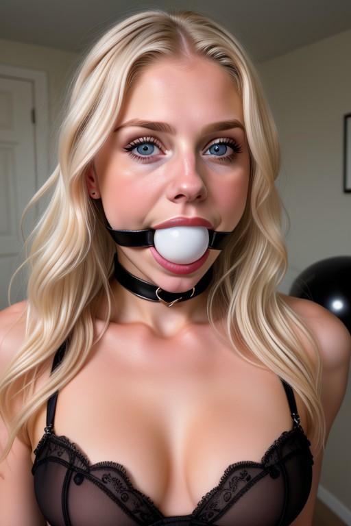 hyperrealistic extreme close-up of the face, 30yo American woman wearing a lace bra, thong panties, thick long wavy platinum blonde hair, sexy look, Looking at camera. pretty face, dynamic sexy pose, ((large wide black ball gag))