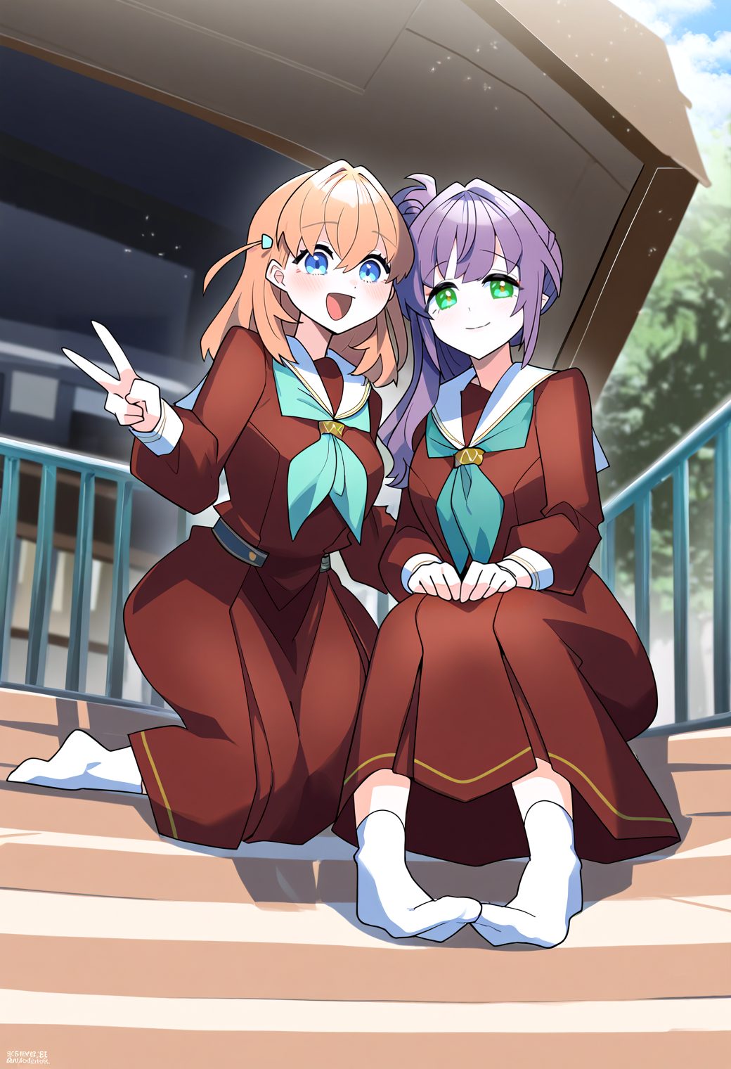 very awa, masterpiece, best quality, year 2024, newest, highres, absurdres, <lora:age_slider_v4:3> <lora:thicc_v1.4-pony:1.2>,detailed_background,outdoors,virtual youtuber,white sailor collar,sitting,hasu no sora school uniform,sidelocks,zanyo \(love live!\),socks,brown dress,v-shaped eyebrows,2girls,sailor collar,link! like! love live!,hinoshita kaho,side ponytail,otomune kozue,aqua eyes,orange hair,dress,pet shaming,winter uniform,kanduki kamibukuro,long hair,aqua neckerchief,sweat,multiple girls,school uniform,love live!,seiza,crossed bangs,cerise bouquet,sailor dress,:d,no shoes,long sleeves,medium hair,single side bun,purple hair,full body,highres,open mouth,smile,hands on lap,two side up,hair bun,blush,neckerchief,v,green eyes,white socks