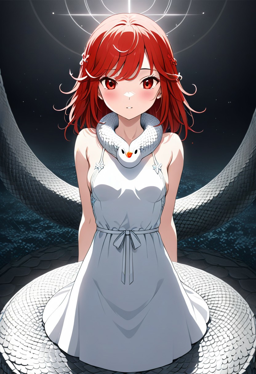 source anime, anime style, official art, "Sengoku Nadeko wrapped by a pale white snake around her neck, glowing under soft, eerie lighting, surrounded by detailed scales, mixed with a surreal and unsettling atmosphere, photorealistic textures." white_hair, red_eyes, medium_hair, snake_hair, small_breasts, WHITE DRESS, <lora:SDXLFaeTastic2400:0.4> <lora:extremely_detailed:0.4> extremely detailed, <lora:sn4ke:1>,sn4ke, Masterpiece,best quality,hi res,8k,hi res,8k,award winning,(sharp focus, intricate, highly detailed), rating:safe