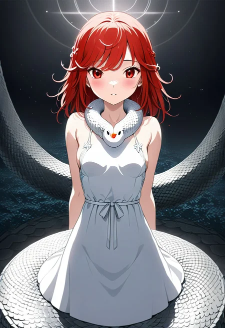 source anime, anime style, official art, "Sengoku Nadeko wrapped by a pale white snake around her neck, glowing under soft, eerie lighting, surrounded by detailed scales, mixed with a surreal and unsettling atmosphere, photorealistic textures." white_hair, red_eyes, medium_hair, snake_hair, small_breasts, WHITE DRESS, <lora:SDXLFaeTastic2400:0.4> <lora:extremely_detailed:0.4> extremely detailed, <lora:sn4ke:1>,sn4ke, Masterpiece,best quality,hi res,8k,hi res,8k,award winning,(sharp focus, intricate, highly detailed), rating:safe
