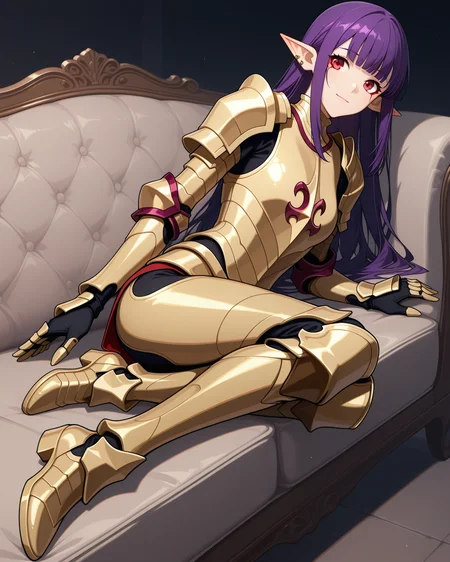 (golden armor armored boots:1.50),
sl-esil, red eyes, purple hair, blunt bangs, ear rings, ear piercings
medium breasts, 1girl, (solo:0.60), (skinny:0.8),
(masterpiece, highres, ultra-detailed,very aesthetic, best quality, absurdres, high quality, highres),
light smile,
full body,
(feet:1.40),
BREAK,
couch,
,
long hair sidelocks
<lora:sl-esil-V03-illXL-000002:0.90>