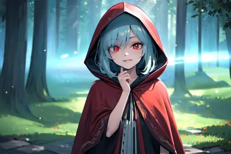 (masterpiece:1.4), 4K8K, (anime style), (high shutterspeed:1.4), (sharp edges), 
SyFyEye1, FanFo, upper body, 
woman leaning foward, smile, closed mouth, wearing red hooded cloak, linen dress, red eyes, 
(Detailed face, Detailed eyes, Detailed lips), (solo), 
Fantastic Forest at fantasy, Fantastic,