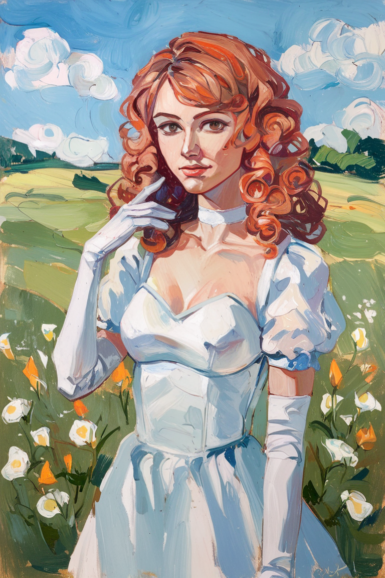 score_9, score_8_up, score_7_up, score_6_up, score_5_up, score_4_up, abstractionism, brush stroke, traditional media, 1girl, solo, medium hair, curly hair, wavy hair, orange hair, swept bangs, brown eyes, lips, lipstick, looking at viewer, medium breasts, choker, medium dress, white dress, lace trim, puffy sleeves, puffy short sleeves, short sleeves, gloves, elbow gloves, white gloves, hand up, cowboy shot, closed mouth, standing, outdoors, field, flower, grass, plant, sky <lora:Abstract Painting - Style [LoRA] - Pony V6 XL:0.8>