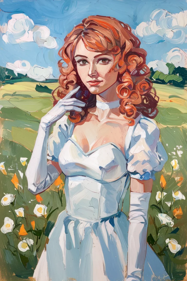 score_9, score_8_up, score_7_up, score_6_up, score_5_up, score_4_up, abstractionism, brush stroke, traditional media, 1girl, solo, medium hair, curly hair, wavy hair, orange hair, swept bangs, brown eyes, lips, lipstick, looking at viewer, medium breasts, choker, medium dress, white dress, lace trim, puffy sleeves, puffy short sleeves, short sleeves, gloves, elbow gloves, white gloves, hand up, cowboy shot, closed mouth, standing, outdoors, field, flower, grass, plant, sky <lora:Abstract Painting - Style [LoRA] - Pony V6 XL:0.8>