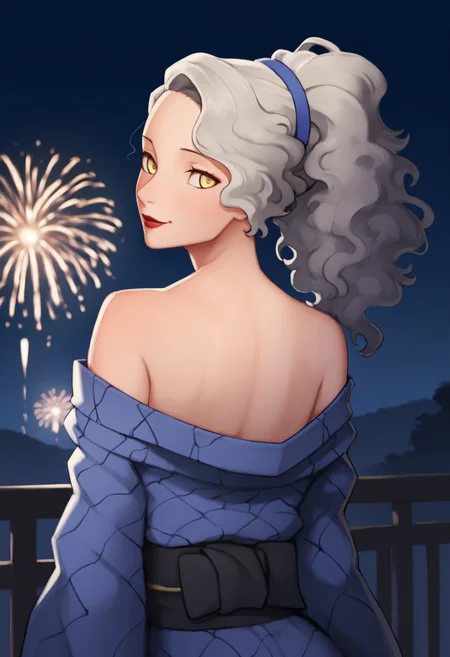 masterpiece, best quality, newest, anime, from behind, solo, 1girl, marg4ret, red lips, smile, looking back, long hair, grey hair, wavy hair, ponytail, blue hairband, yellow eyes, japanese clothes, blue kimono, off shoulder, kimono pull, black sash, bare shoulders, outdoors, night, fireworks
<segment:yolo-Anzhc Face seg 640 v3 y11n.pt,0.4,1//cid=11>