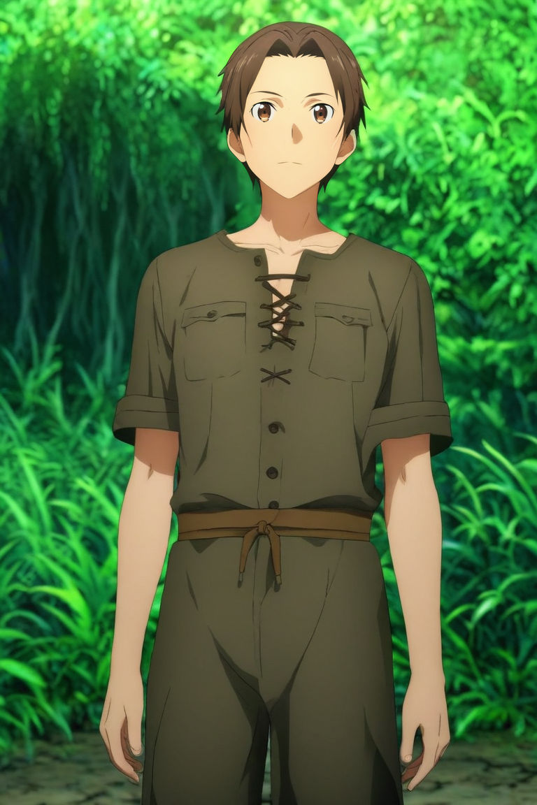 score_9, score_8_up, score_7_up, source_anime, rating_safe, , (3d:0.4), , , 1boy, male focus, brown eyes, medium brown hair, ,, solo, wide angle, wide shot, cowboy shot, jungle, rainforest, ruins, noon, arms at sides, :\3, <lora:sao_alicization_style_pony:0.98>, sao_alicization_style, <lora:sdxl_lightning_8step_lora:1>