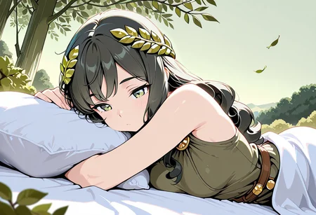 flat colors, masterpiece, best quality, amazing quality,
1girl, solo, girl, black hair, green eyes, upper body, 
 long hair, laying on a white blanket,  head resting on arm, laying on side, white chiton, bronze shoulder pins, brown string belt, green leafy laurel
balcony above the green olive tree canopy, pale green sky,outdoors, green olive trees,lit torches, falling leaves