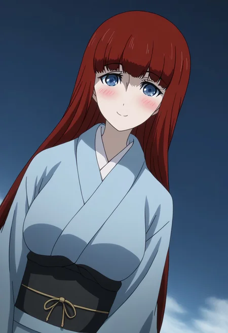 rating_safe, Ultra-high-detailed Anime illustration of Kagari Shiina from Anime Steins;Gate 0. The artwork features Kagari in a solo, standing position with a outdoors, flield and background, background in the sky. night time. night.
She is depicted with intricate details showcasing her large breasts, natural_breasts. She is a white skinned, 22 years old woman. Kagari is looking_at_viewer with perfect_eyes, Her pupils are highly detailed. The eyes are open. blue eyes. Kagari's eyes are highlighted. Highlighted eyevrows. 
She has long hair, red colored hair, styled in blunt bangs and floating hair.
She is wearing a blue kimono and black shoes. japanese kimono, kimono.
The artistic style is intricate_details_xl with a focus on Anime art. The color palette emphasizes red and black with detailed strokes to bring out the character's features. The lighting creates dramatic shadows and highlights, adding depth to the artwork. The perspective is from a face focus, dutch angle to enhance the impact of the character's expression. This masterpiece is a true portrayal of Kagari's complex personality and will captivate any fan of Kagari. uncensored, upper body, blushing, smile, Kagari Shiina,
perfecteyes,
<lora:Steins_Gate:1>
kimono
happy new year!