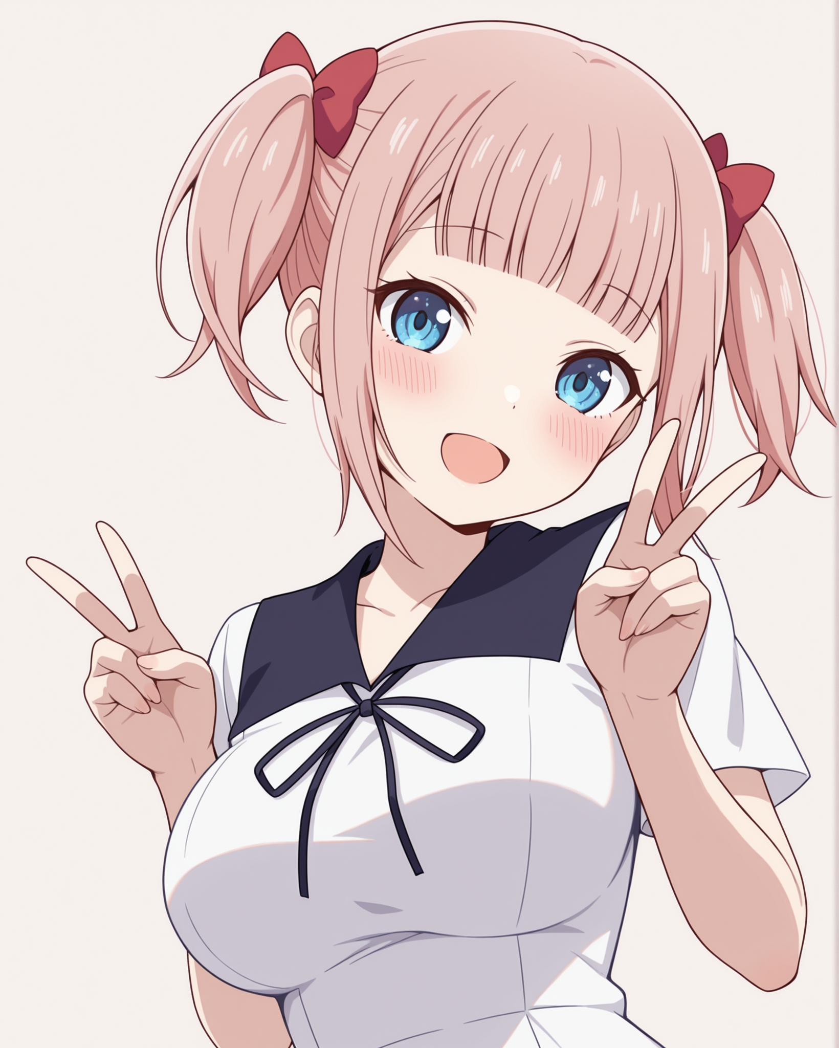 masterpiece, best quality, 1girl, solo, fujiwara_moeha, shuuchiin_academy_white_uniform, blue eyes, pink hair, short hair, blunt bangs, twintails, smile, open mouth, blush, hair bow, ribbon, large breasts, upper body, peace sign, simple background, looking at viewer, <lora:Fujiwara_Moeha_Kaguya-sama_Love_Is_War_Illustrious:1> red hair bow, short sleeves,