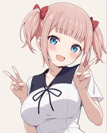 masterpiece, best quality, 1girl, solo, fujiwara_moeha, shuuchiin_academy_white_uniform, blue eyes, pink hair, short hair, blunt bangs, twintails, smile, open mouth, blush, hair bow, ribbon, large breasts, upper body, peace sign, simple background, looking at viewer, <lora:Fujiwara_Moeha_Kaguya-sama_Love_Is_War_Illustrious:1> red hair bow, short sleeves,