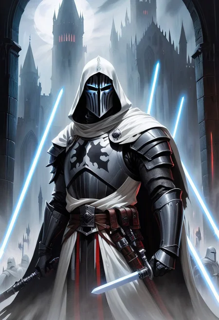 score_10, score_9, score_9_up, score_8_up, score_7_up, masterpiece, best quality, ghost, black armor, black knight, hood, hood over helmet, duo focus, multiple_boys, 2boys,, two figures, Fantasy, knight, gothic, full plate armor, armor, black, cloak, hood, sith, sword, heavy armor, white light saber, white tabard, shield, reflection, spirit, translucent, black mist, paladin, fighter, rogue, vivid color, castle,