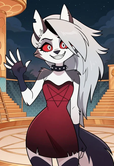 AMAZING QUALITY, MASTERPIECE, 1GIRL, SOLO, LOONA, FURRY, GREY HAIR, SILVER EYES, RED SCLERA, GRIN, WAVING, PENTAGRAM DRESS, SPIKED COLLAR, PIERCED EYEBROW, CLUB, NIGHT