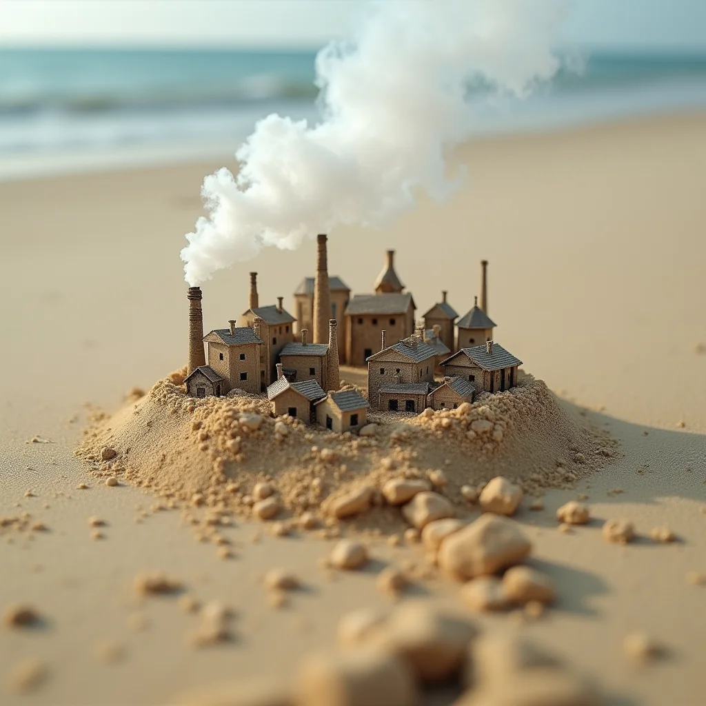 An optical zoom of a grain of sand containing a miniature city, located on a desolate beach, smoke billows from chimneys in the tiny houses below