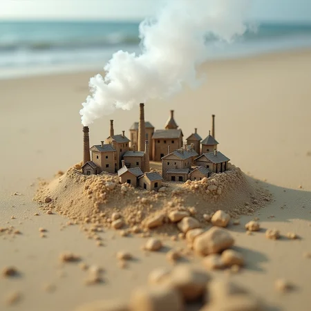 An optical zoom of a grain of sand containing a miniature city, located on a desolate beach, smoke billows from chimneys in the tiny houses below