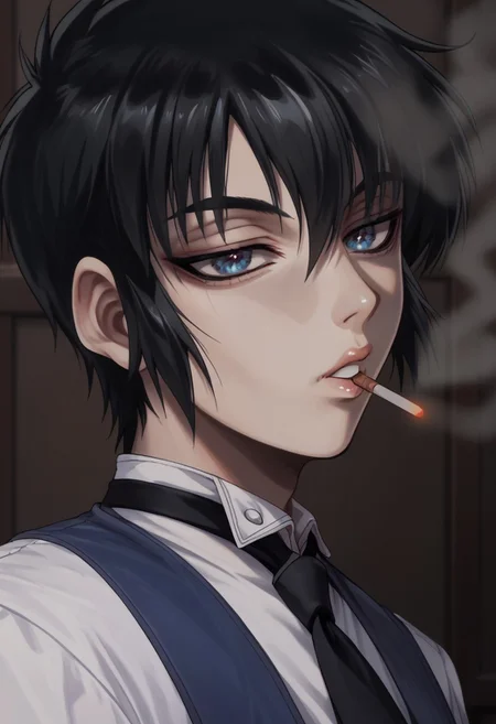 score_9, score_8_up, score_7_up,  walter.c.xl11, solo, 1boy, blue eyes, black hair, short hair, white shirt, black necktie, blue vest, smoking, cigarette,
