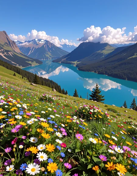 Beautiful summer meadow full of tiny colorful flowers, leading down to a crystal blue lake surrounded by snow capped mountain peaks, This picturesque scene is beautifully mirrored in the tranquil waters of the lake, in the distance layers of mountains strech to the horizon in shades of blue, mysterious fog envelops the landscape, adding depth and atmosphere to the composition, ultra-detailed, hyper-detailed, ambient lighting, volumetric lighting, (masterpiece), (Amazing quality), (phenomenal aesthetic), cinematic moment, 8K<lora:FLUX_Ghibsky_Illustrations.safetensors:0.8:1.0>