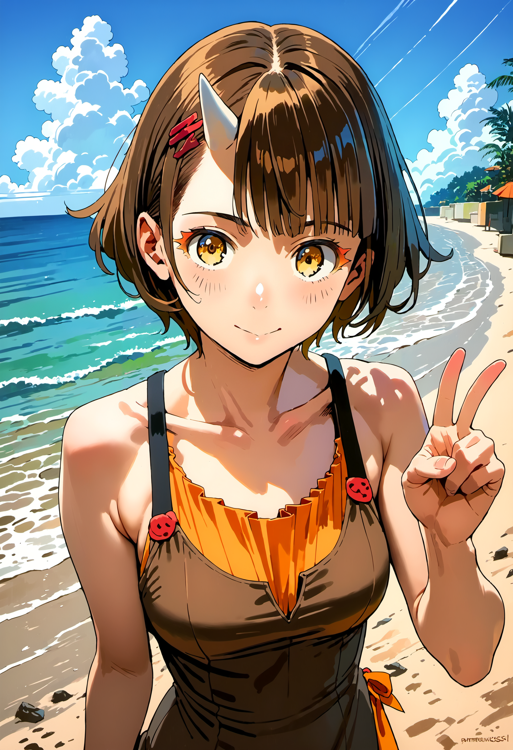 (score_9,score_8_up,score_7_up,score_6_up,score_5_up,score_4_up, source_anime:1.2), (anime: realistic :0.4), (1girl, Androssi:1.1), (short hair, brown hair, skincolored single horn, small horn:1.2), makes peace sign, yellow eyes, medium size breasts, tight dress, outdoors, clear sky, facing viewer, pov, detailed background, beach, perfect lighting ,
<lora:androssi_v10-000008:1>,  <lora:xl_more_art-full_v1:0.2>