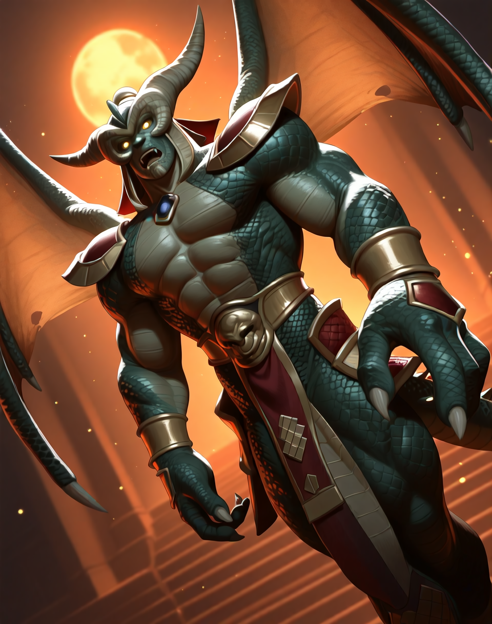 <lora:Onaga_(Mortal_Kombat)_(Illustrious)_(AD):1.35> Onaga, dragon, Mortal Kombat, 
dutch angle, exterior, temple, dark picture, 
male focus, gradient coloring, villain, dragon wings, hyper muscular, abs, large rounded pecs, 
BREAK very awe, aesthetically pleasing, masterpiece, best quality, amazing quality, very aesthetic, perfect depth of field shot, in'ei,
Smooth Quality, lazympos, IllustQualXL_Pos,