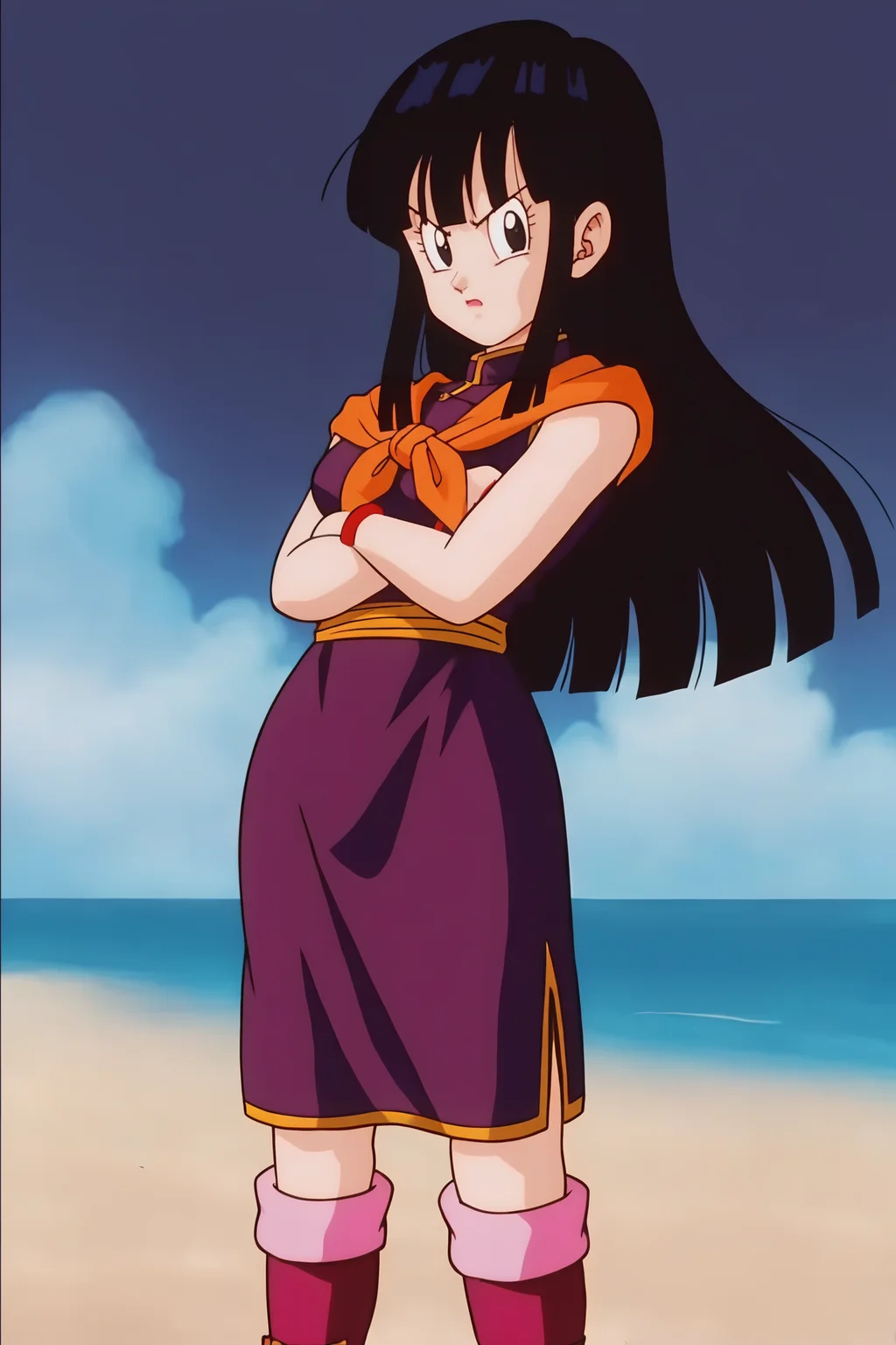 source_anime, score_9, score_8_up, score_7_up, anime screencap, absurdres, official style,
chi-chi, (hair down), 1girl, solo, long hair, open mouth, bangs, black hair, blunt bangs, black eyes, main outfit, bare arms, bare legs, 1girl, solo, looking at viewer, boots, outdoors, sky, sleeveless, day, cloud, blunt bangs, , bracelet, blue sky, v-shaped eyebrows, sash, feet out of frame, ocean, frown, beach, crossed arms, cloudy sky, wristband, red footwear, purple dress, side slit, serious, sand, horizon, orange neckerchief, orange sash, pink legwear, eyelashes
 <lora:chichi_pony_v3e20:0.8>