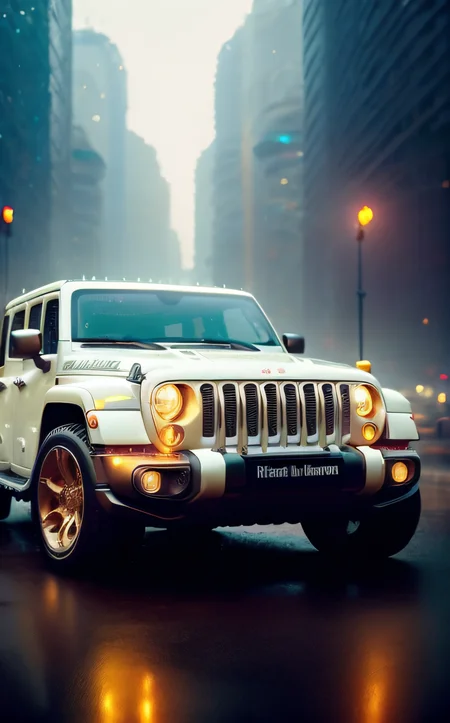 cinematic film still cyberpunk city, Jeep Wrangler, vehicle focus, supercar, neon lights, city background, wet street, low angle, harmoniously co-existing within the goddess, watercolor image, minimal style, pastel colors, hand drawn, white background, <lora:IvoryGoldAIv2:1> ivory gold . <lora:Portal:1> portal . shallow depth of field, vignette, highly detailed, high budget, bokeh, cinemascope, moody, epic, gorgeous, film grain, grainy