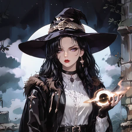 score_9, score_8_up, score_7_up, score_6_up, score_5_up, score_4_up, source_anime, BREAK vintage, 1990s \(style\), solo, 1girl, yennefer of vengerberg, black hole, black hole in hand, holding black hole, pale skin, (medival clothes:1.4), black long sleeves gloves, white blouse, black leather jacket, (black fur trim), witch black hat, choker black hair, long hair, lipstick, purple eyes, red lips, makeup, night, night sky, (starfall), <lora:yannefer_xl_v1:1>, <lora:OldAnimeStyle_XL_v3:0.8>, <lora:Bh:0.8>