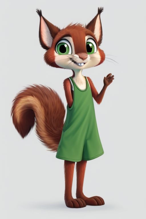 male, chibi, Chip_Squirrel, Superpets, sciurid, red fur, red body, brown feet, solo, freckles, green eyes, buckteeth, crooked whiskers, (fluffy tail:1.1), blushing, masterpiece, extreme detail, shy, nervous smile, skinny, shortstack, shrunk, loose, baggy, (oversized singlet:1.4), (oversized swimsuit:1.2), off shoulder, underwear pull, (bulge:0.4), oversized clothes, baggy clothing, flat chest, simple background,  cute, adorable, age regression, green clothing, baggy one-piece