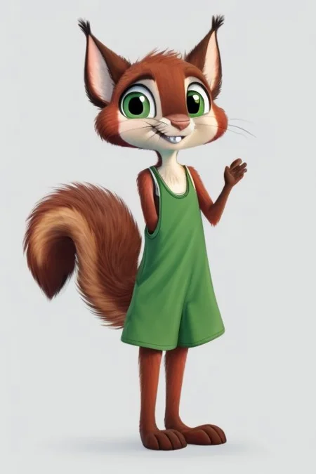 male, chibi, Chip_Squirrel, Superpets, sciurid, red fur, red body, brown feet, solo, freckles, green eyes, buckteeth, crooked whiskers, (fluffy tail:1.1), blushing, masterpiece, extreme detail, shy, nervous smile, skinny, shortstack, shrunk, loose, baggy, (oversized singlet:1.4), (oversized swimsuit:1.2), off shoulder, underwear pull, (bulge:0.4), oversized clothes, baggy clothing, flat chest, simple background,  cute, adorable, age regression, green clothing, baggy one-piece