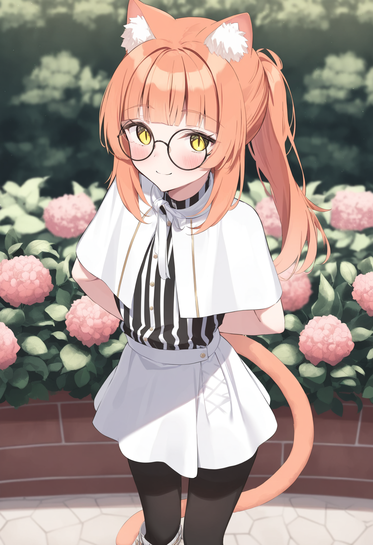 solo, 1boy, trap, flat chest, skinny, light orange cat ears, light orange cat tail, ponytail, air_ bangs, (light orange hair), yellow eyes, slit pupils, round glasses,
white capelet, black pantyhose, boots, white skirt, stripped shirt,
garden, flower,
cowboy shot, standing, blush, smile, looking at viewer,
 <lora:satoumogumoguNai-style:1>, sg29satoumogustyle, masterpiece,best quality,amazing quality,