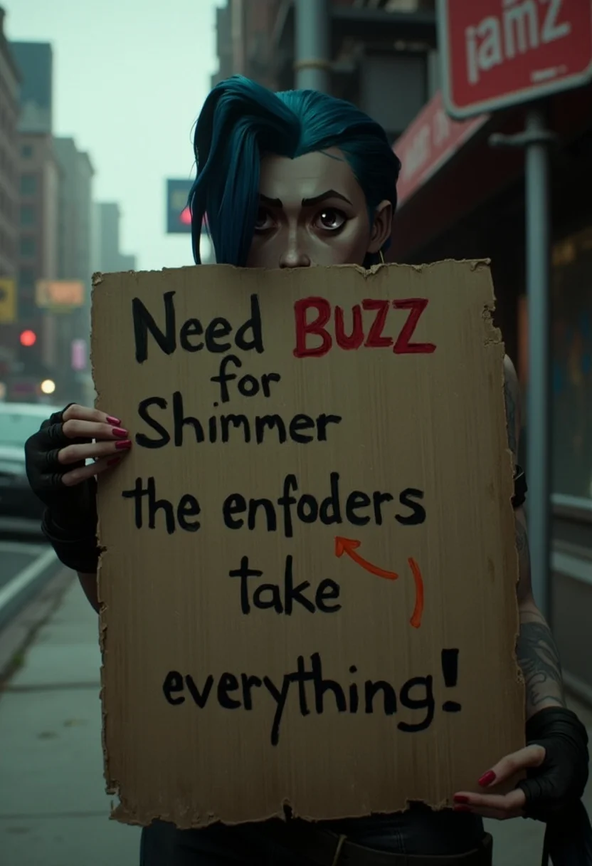<lora:jinx-arcane-league-of-legends-season-1-v2:1>
A closeup of jinx from arcane holding an old  cardboard sign jinx is wearing an old tattered t-shirt. Jinx is standing on a street corner in a cyberpunk dystopian new york. Jinx is sad and smoldering.  The sign is dark brown, damp, torn at the edges, and made of old cardboard.  There is a scribbled marker drawing of a transparent orange lightning bolt on the sign. The sign states "Need BUZZ for Shimmer the enforcers took everything!" written in black faded marker.  The capitalized words are black outlined with red faded marker. The words on the sign are transparent and handwritten and scribbly.