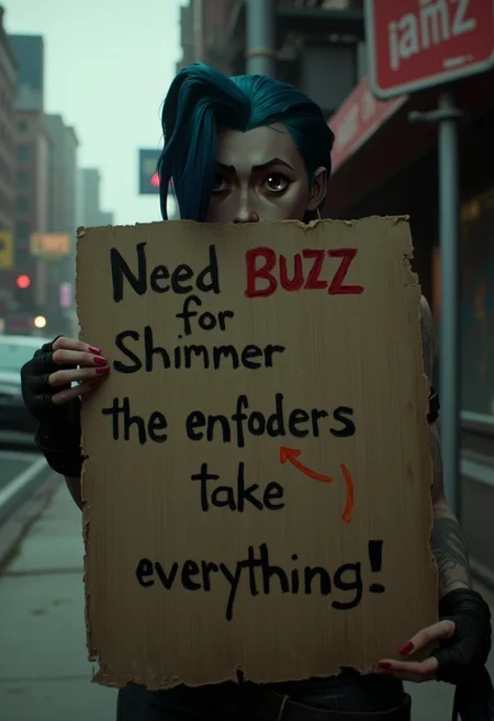 <lora:jinx-arcane-league-of-legends-season-1-v2:1>
A closeup of jinx from arcane holding an old cardboard sign jinx is wearing an old tattered t-shirt. Jinx is standing on a street corner in a cyberpunk dystopian new york. Jinx is sad and smoldering. The sign is dark brown, damp, torn at the edges, and made of old cardboard. There is a scribbled marker drawing of a transparent orange lightning bolt on the sign. The sign states "Need BUZZ for Shimmer the enforcers took everything!" written in black faded marker. The capitalized words are black outlined with red faded marker. The words on the sign are transparent and handwritten and scribbly.