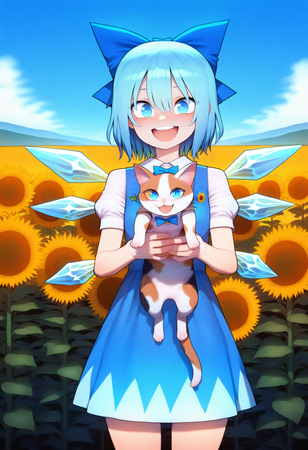 masterpiece, best quality, good quality,
1girl, solo, looking at viewer, blush, smile, short hair, open mouth, bangs, blue eyes, shirt, dress, bow, holding, hair between eyes, blue hair, standing, white shirt, flower, short sleeves, :d, hair bow, cowboy shot, outdoors, wings, sky, teeth, day, puffy sleeves, blue sky, puffy short sleeves, blue dress, animal, upper teeth only, blue bow, cat, ice, yellow flower, sunflower, pinafore dress, ice wings, field, holding animal, flower field, holding cat, cirno 
<lora:merratatustle_illustrious_v1_vpred:1>