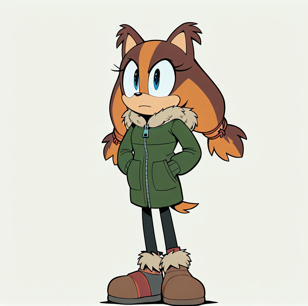 <lora:stickbadger_illustrious:1>, (masterpiece), (best quality), (ultra-detailed), amazing quality, very aesthetic, illustration, perfect composition, intricate details, absurdres, incredibly absurdres, sticks the badger, 1girl, solo, long hair, simple background, brown hair, long sleeves, white background, animal ears, closed mouth, standing, jacket, tail, full body, boots, coat, looking to the side, black pantyhose, fur trim, brown footwear, furry, zipper, green jacket, hands in pockets, hair tie, winter clothes, animal nose, brown fur, green coat, parka, fur-trimmed footwear, body fur, furry female, orange fur, two-tone fur, blue eyes,  <lora:TMoStH-Illustrious:1> tmosth,